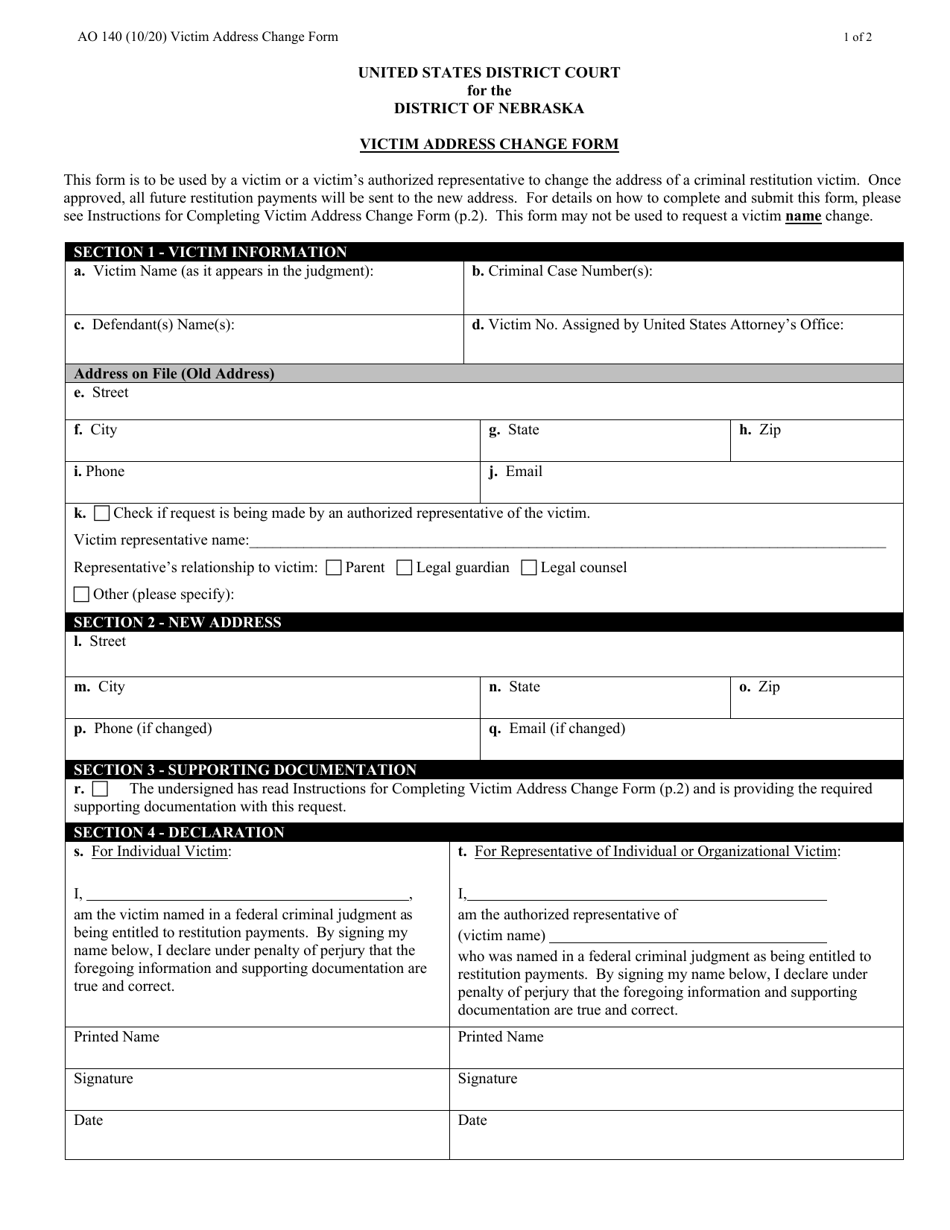 Form AO140 Victim Address Change Form - Nebraska, Page 1