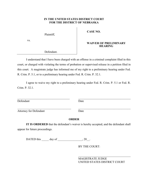Waiver of Preliminary Hearing and Order - Nebraska