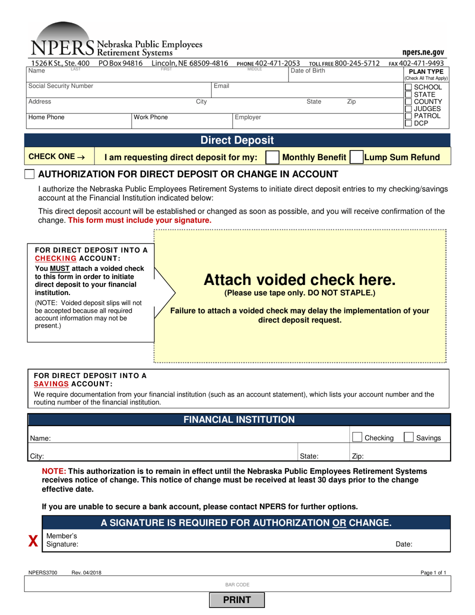 Form NPERS3700 Direct Deposit - Nebraska, Page 1