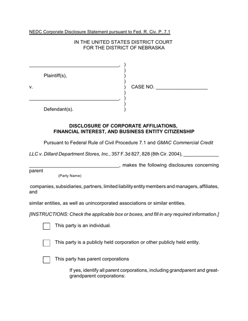 Disclosure of Corporate Affiliations, Financial Interest, and Business Entity Citizenship (Civil) - Nebraska