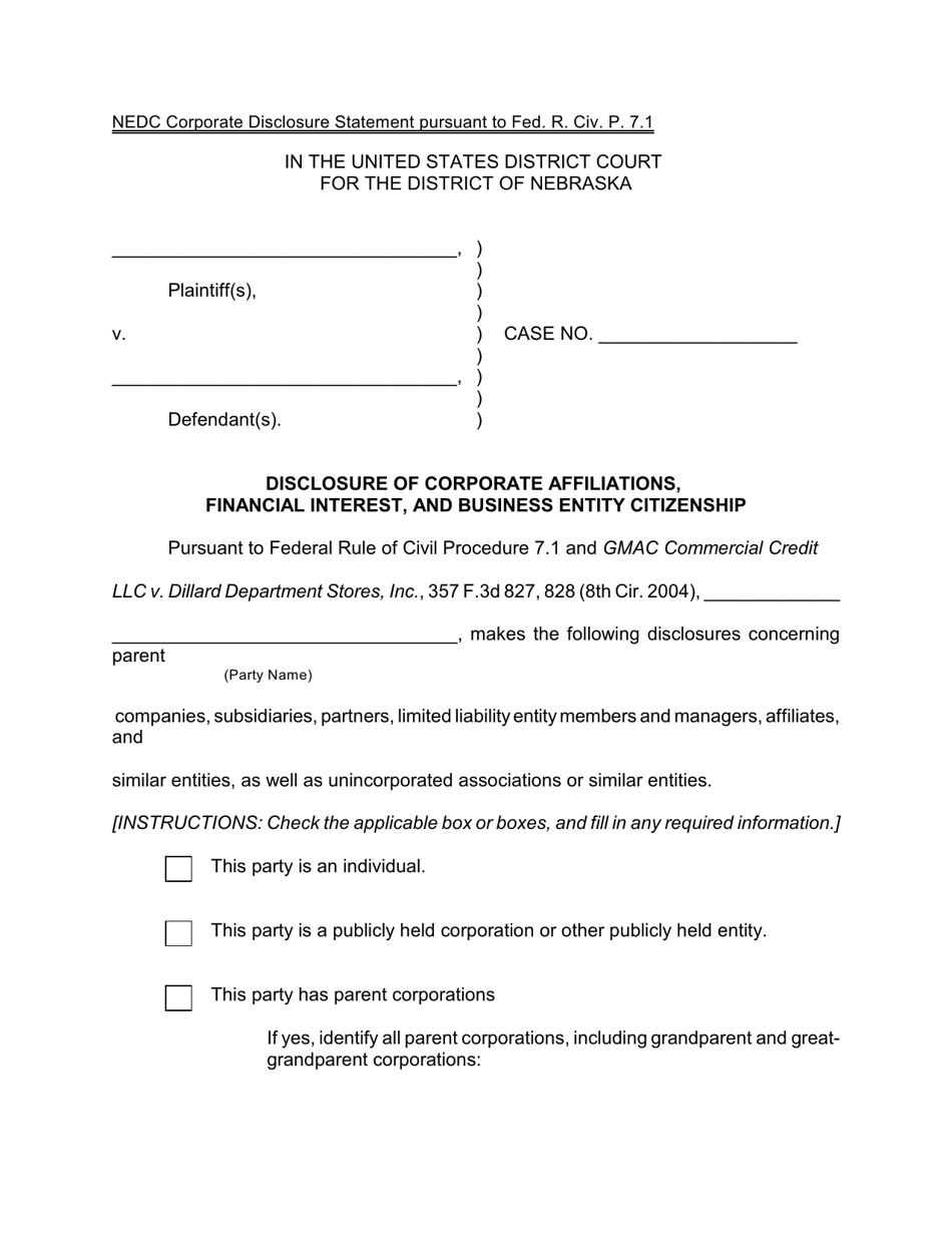 Disclosure of Corporate Affiliations, Financial Interest, and Business Entity Citizenship (Civil) - Nebraska, Page 1