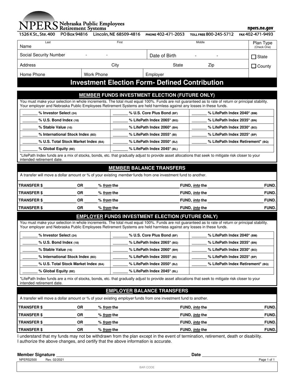 Form NPERS2500 Investment Election Form - Defined Contribution - Nebraska, Page 1