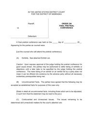 Document preview: Order on Final Pretrial Conference - Nebraska