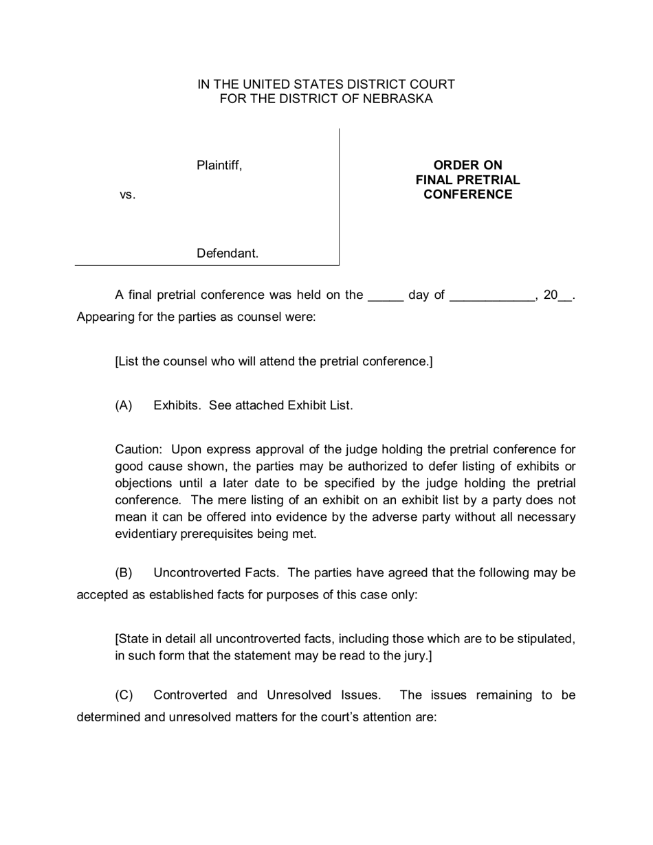 Order on Final Pretrial Conference - Nebraska, Page 1