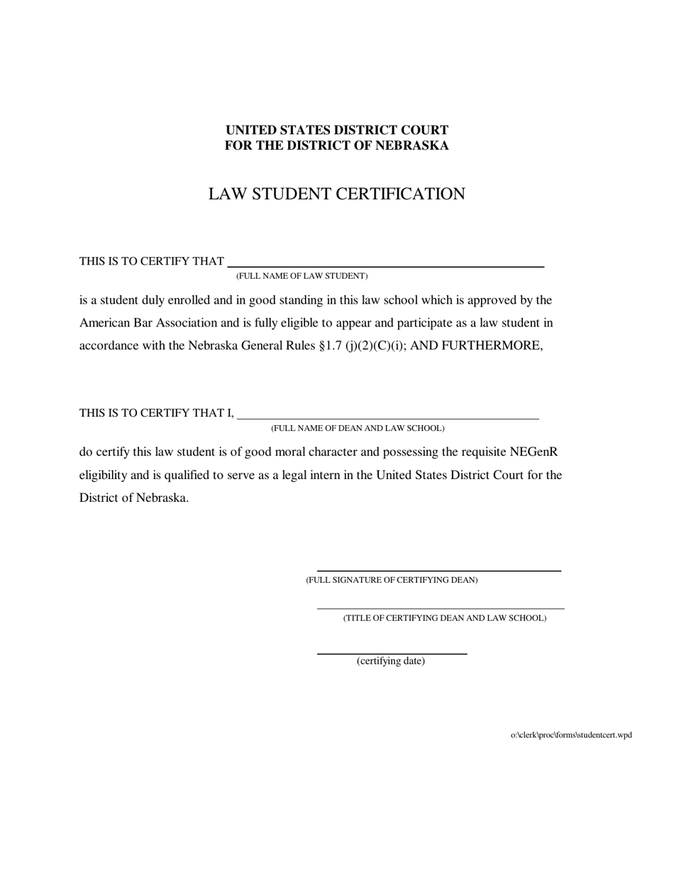 Law Student Certification - Nebraska, Page 1