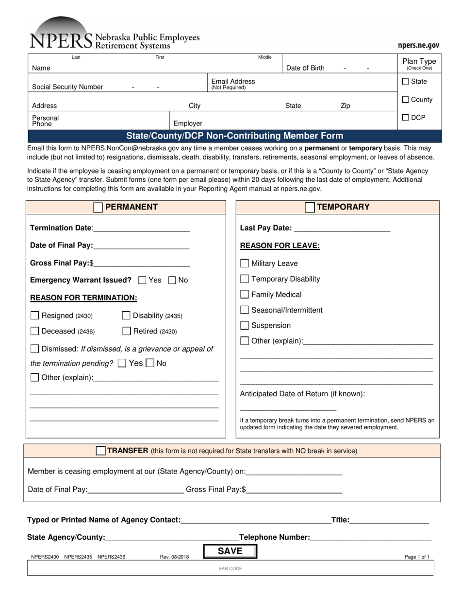 Form NPERS2430 (NPERS2435; NPERS2436) State / County / Dcp Non-contributing Member Form - Nebraska, Page 1