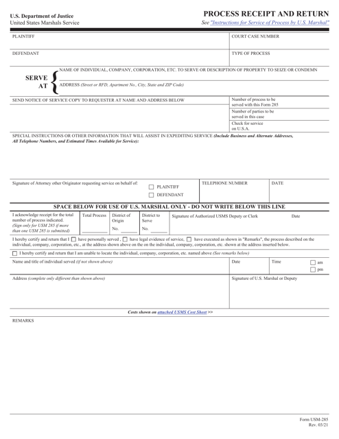 Form USM-285 Download Fillable PDF or Fill Online Process Receipt and ...