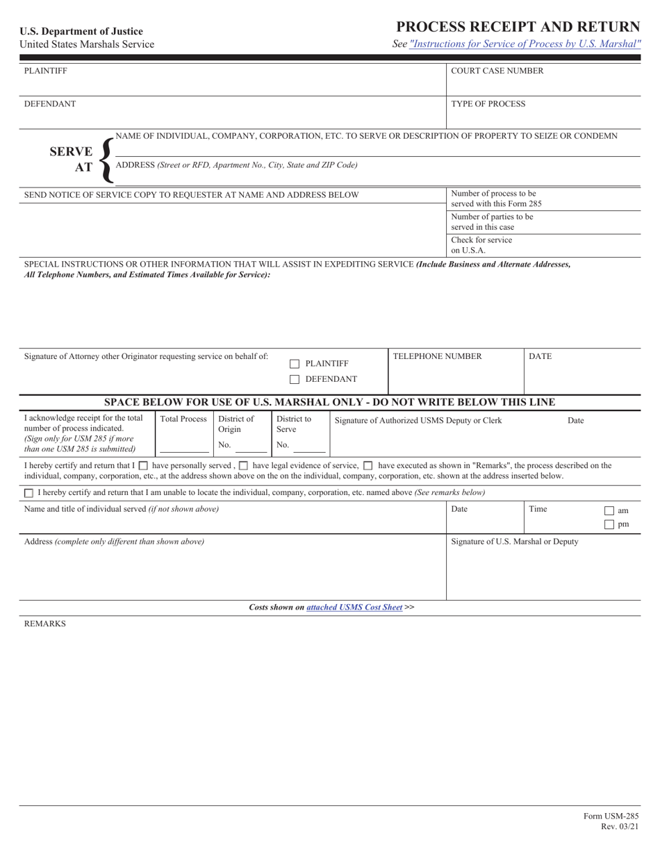 Form USM-285 Download Fillable PDF or Fill Online Process Receipt and ...