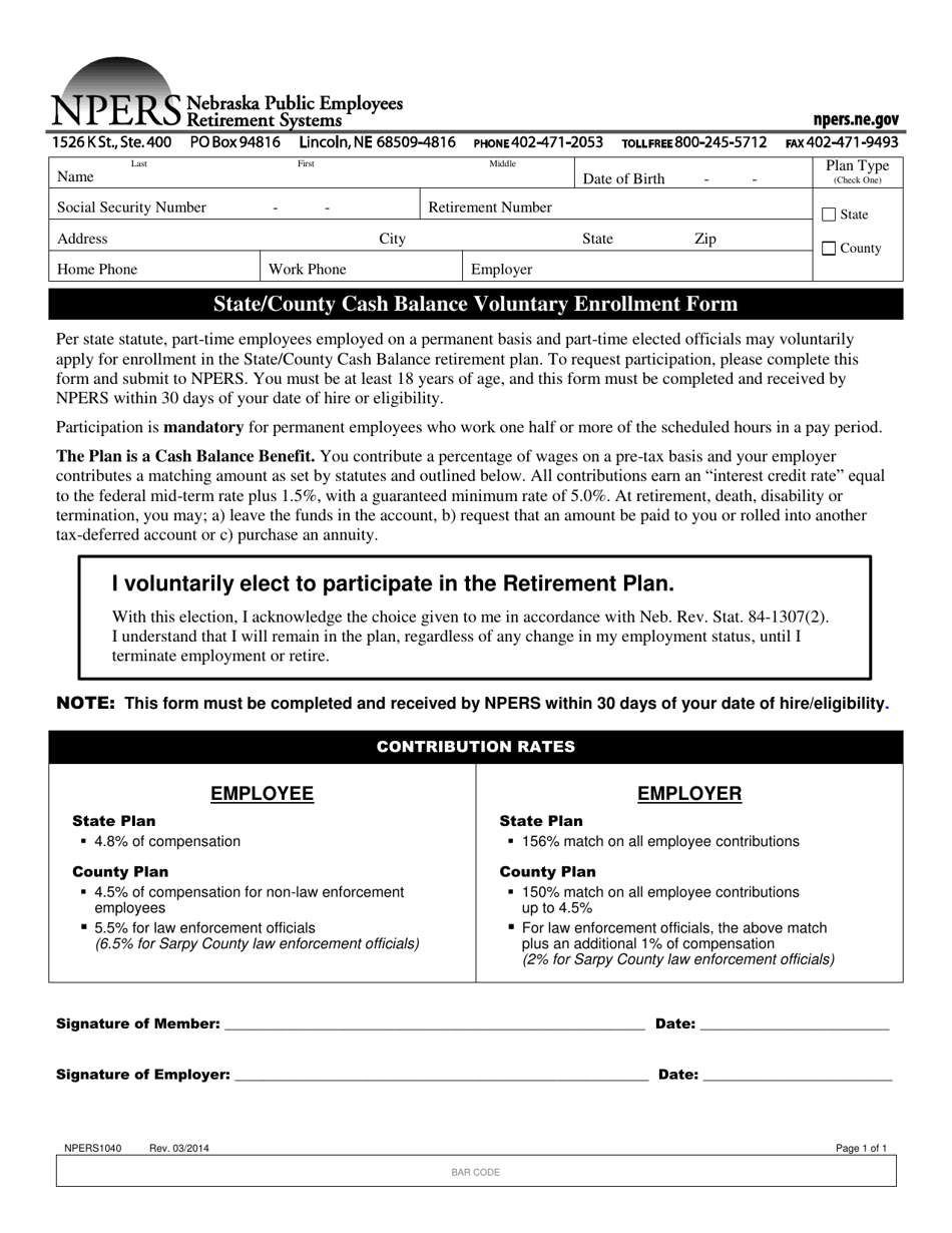 Form NPERS1040 State / County Cash Balance Voluntary Enrollment Form - Nebraska, Page 1