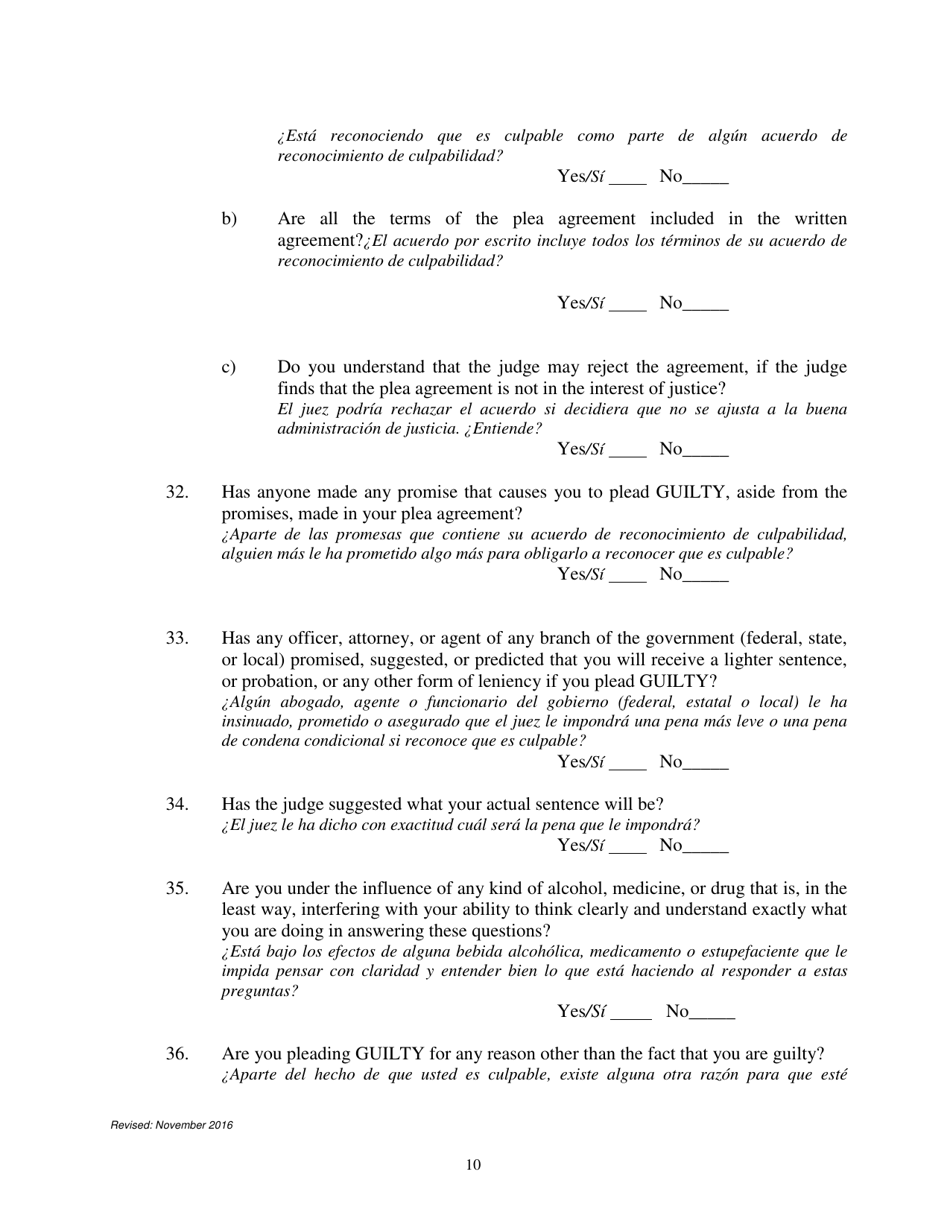 Petition to Enter a Plea of Guilty - Nebraska (English / Spanish), Page 10