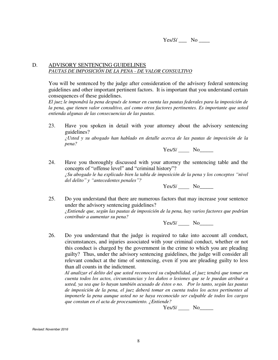 Petition to Enter a Plea of Guilty - Nebraska (English / Spanish), Page 8