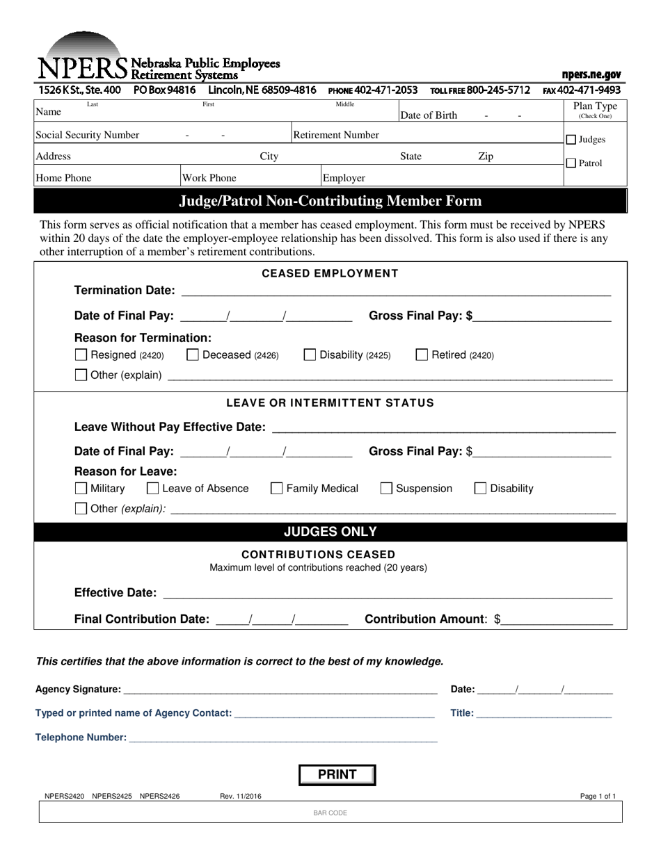 Form NPERS2420 (NPERS2425; NPERS2426) Judge / Patrol Non-contributing Member Form - Nebraska, Page 1