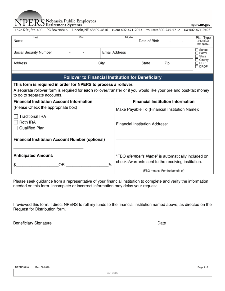 Form NPERS3110 Rollover to Financial Institution for Beneficiary - Nebraska, Page 1