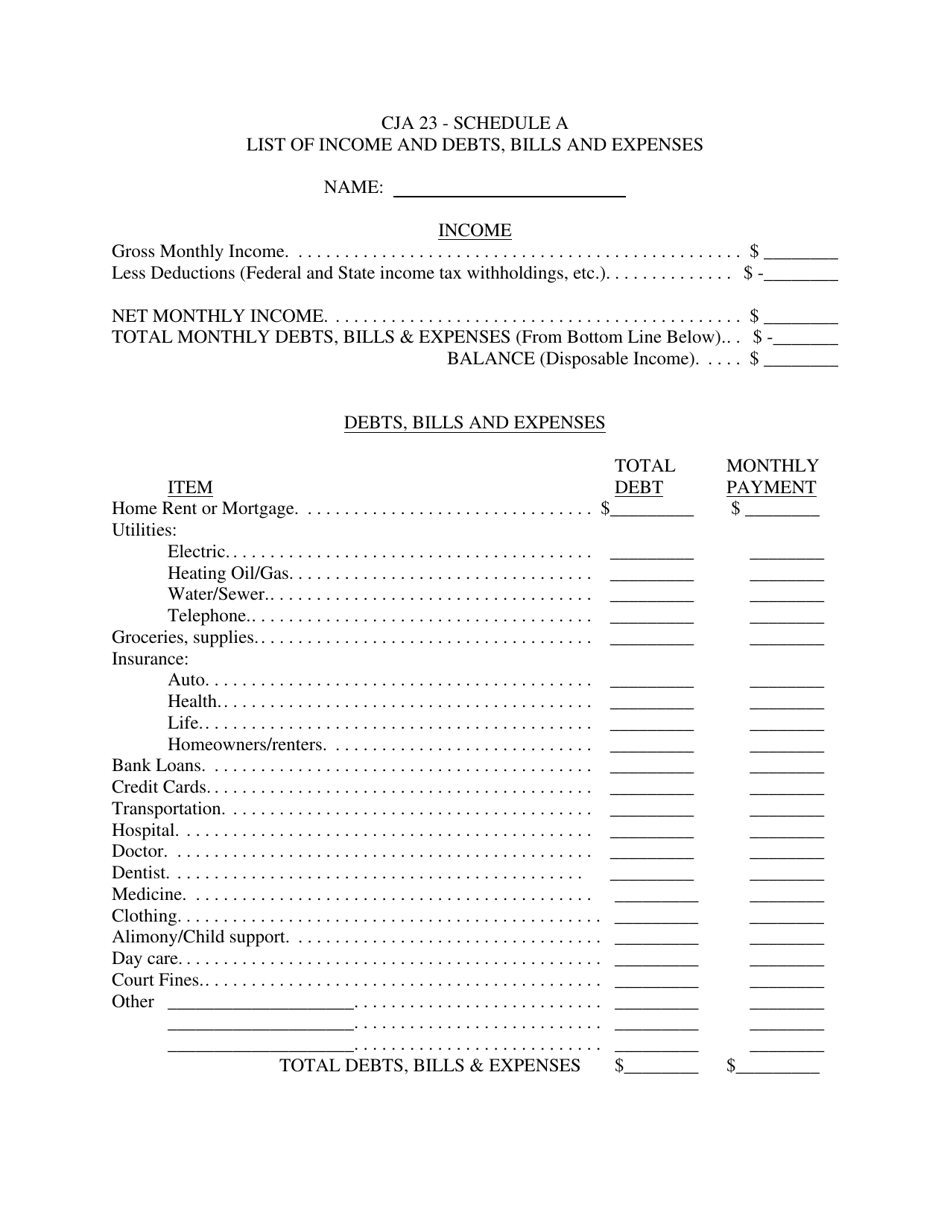 Form CJA23 Schedule A List of Income and Debts, Bills and Expenses - Montana, Page 1
