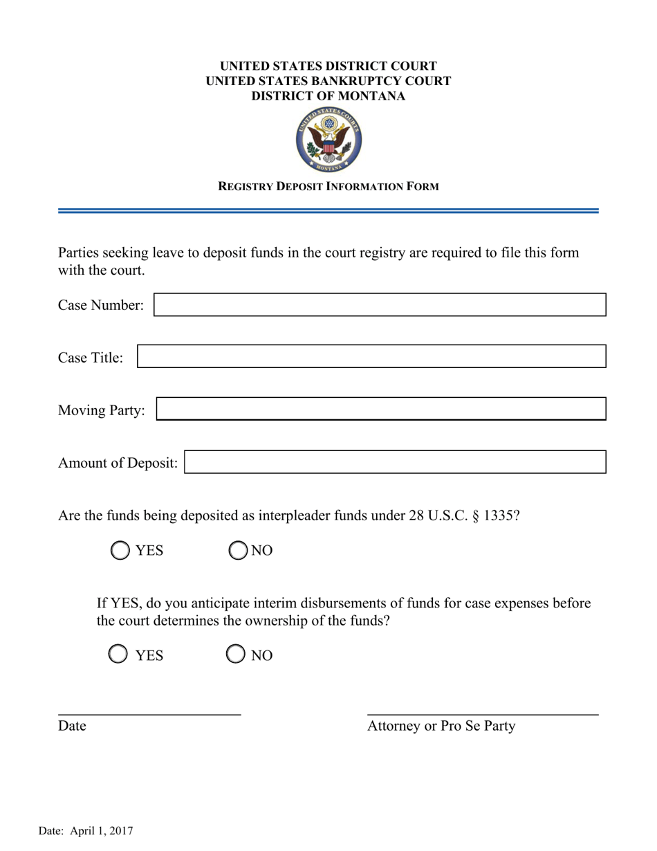 Registry Deposit Information Form - Montana, Page 1