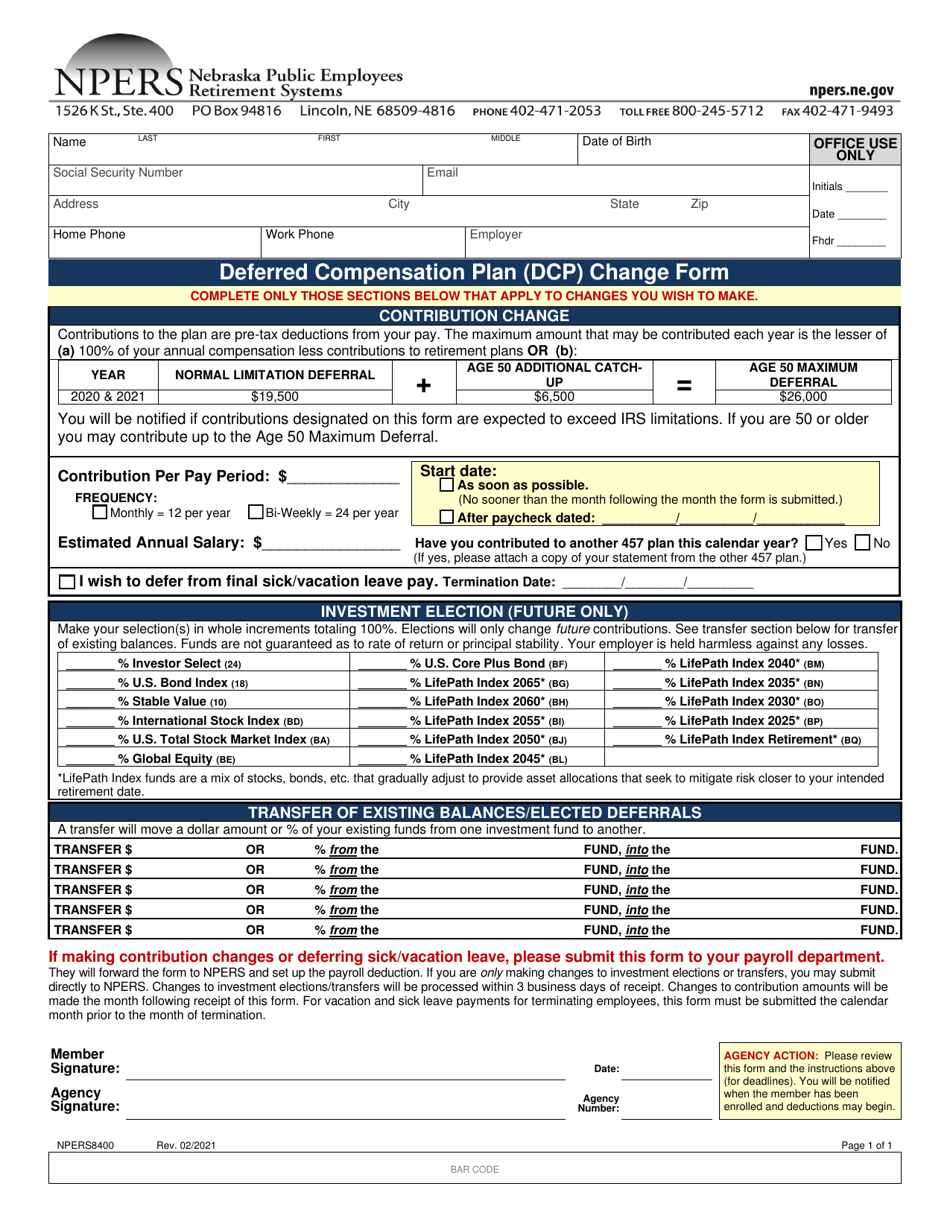 Form NPERS8400 Deferred Compensation Plan (Dcp) Change Form - Nebraska, Page 1