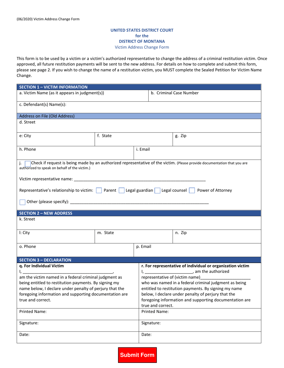 Victim Address Change Form - Montana, Page 1