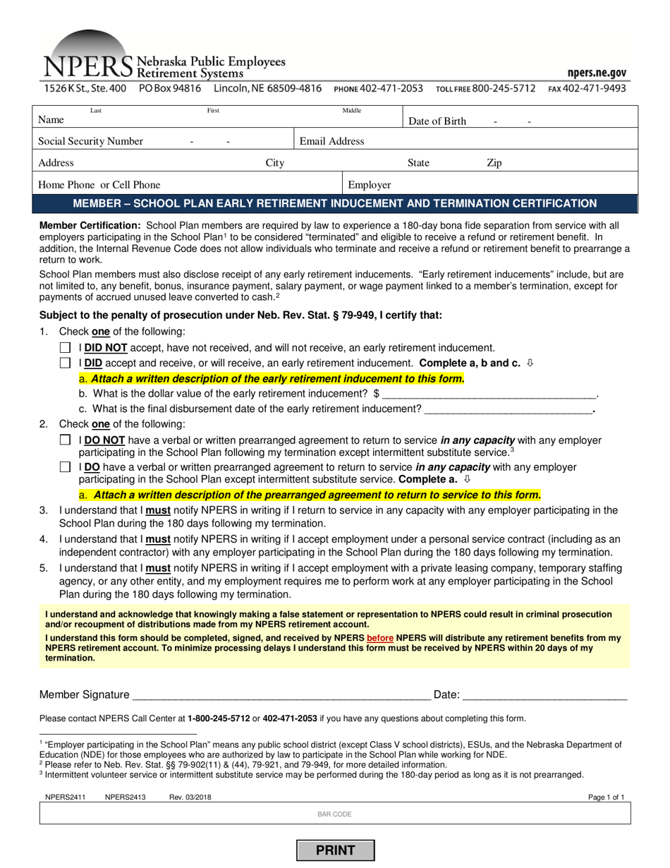 Form NPERS2411 (NPERS2413) School Member - Early Retirement Inducement and Termination Certification - Nebraska, Page 1