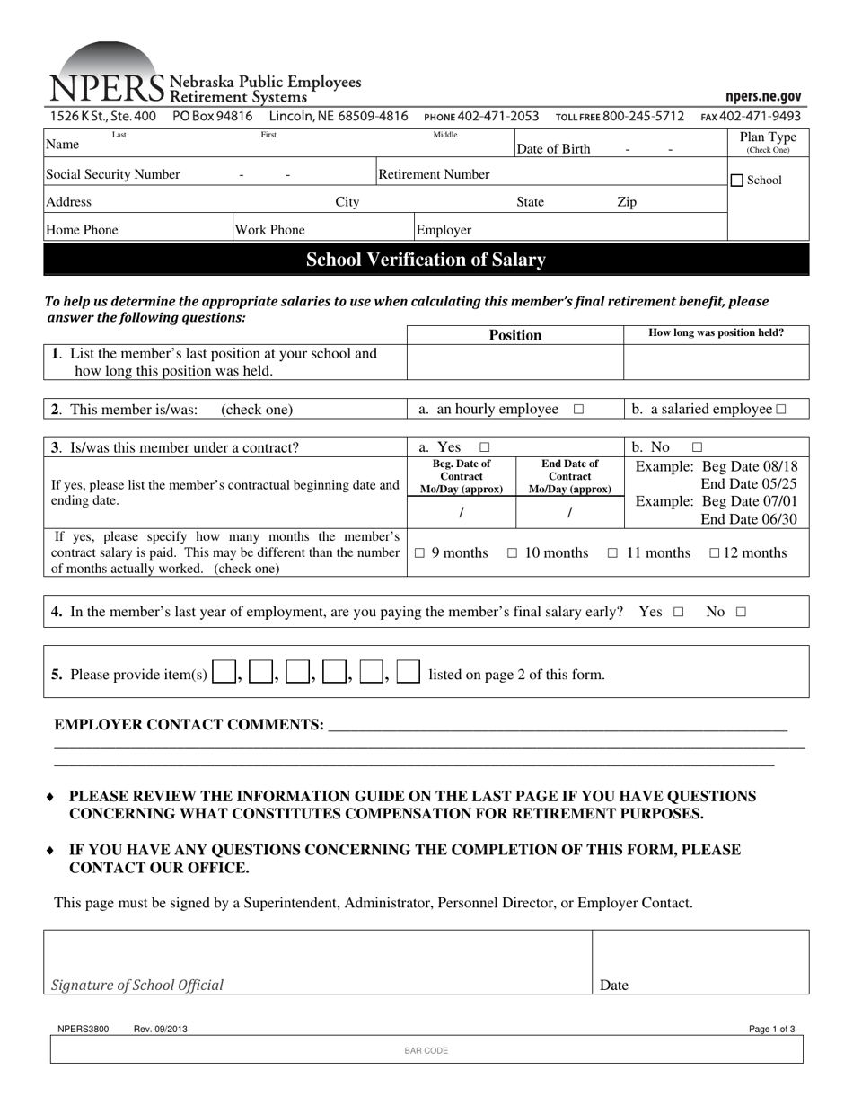 Form NPERS3800 School Verification of Salary - Nebraska, Page 1
