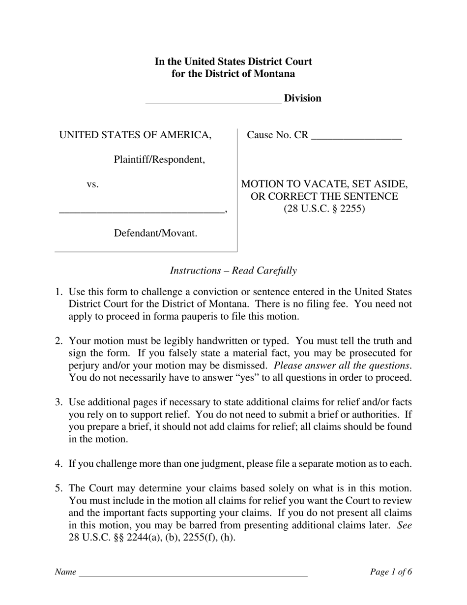 Motion to Vacate, Set Aside, or Correct the Sentence - Montana, Page 1
