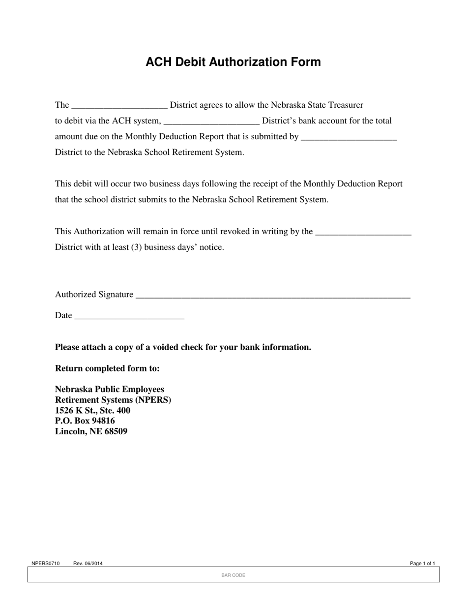 Form NPERS0710 ACH Debit Authorization Form - Nebraska, Page 1