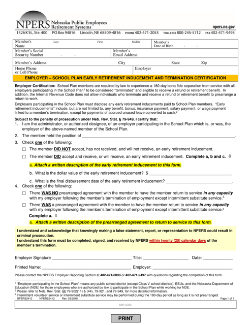 Form NPERS2410 Employer - School Plan Early Retirement Inducement & Termination Certification - Nebraska