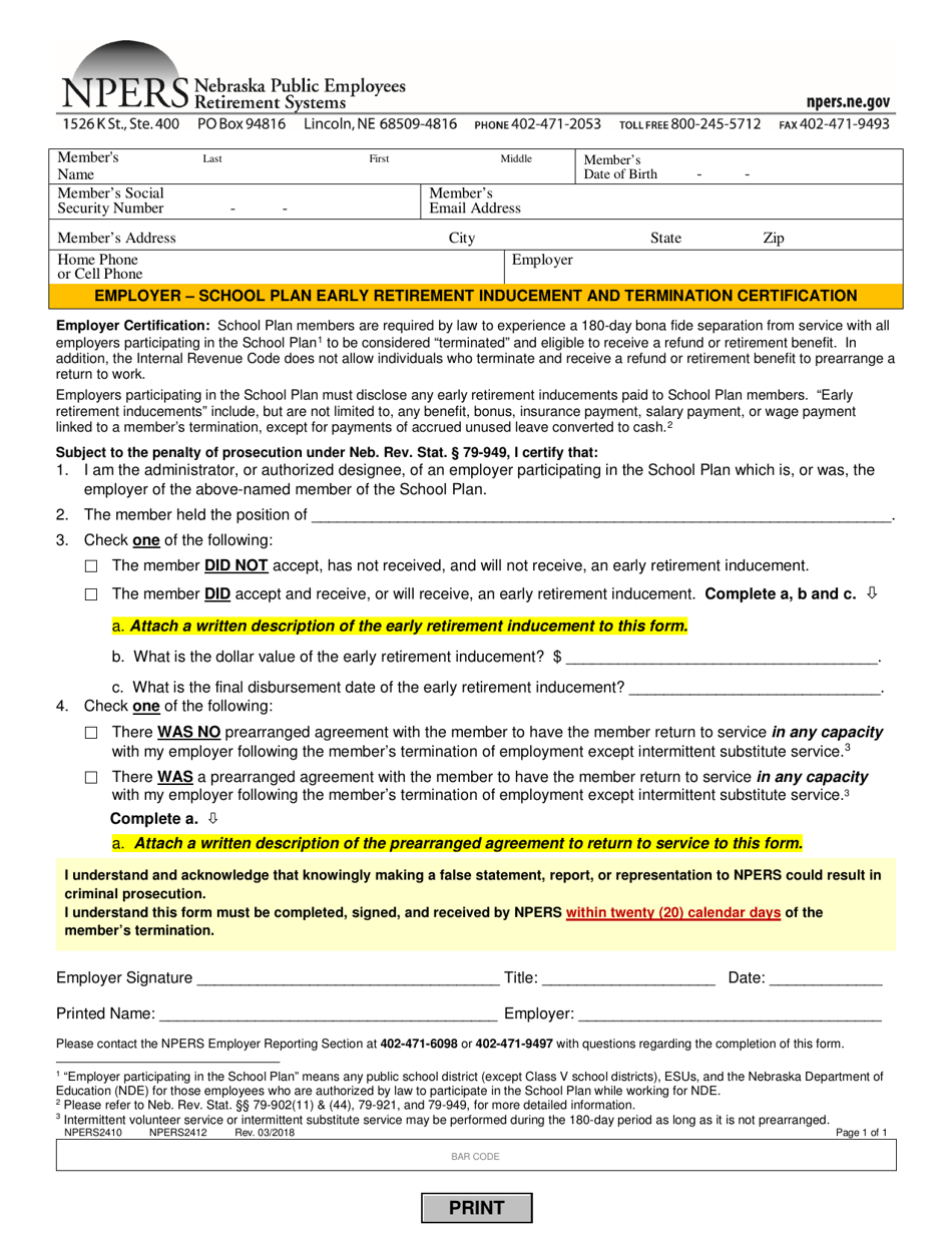 Form NPERS2410 Employer - School Plan Early Retirement Inducement  Termination Certification - Nebraska, Page 1