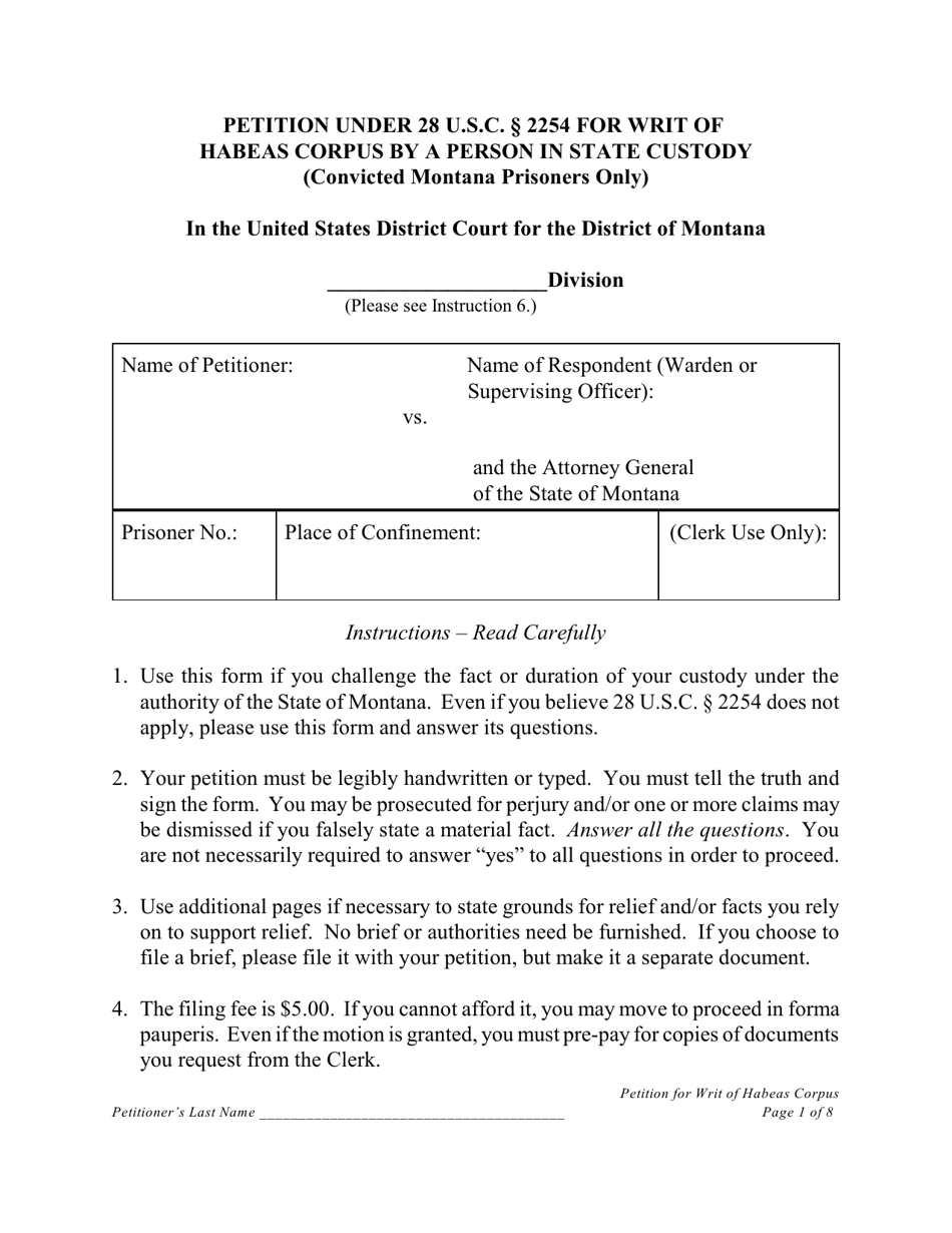 Montana Petition Under 28 U.s.c. 2254 for Writ of Habeas Corpus by a ...