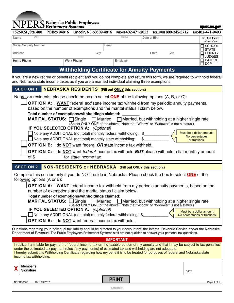Form NPERS3605 Withholding Certificate for Annuity Payments - Nebraska, Page 1
