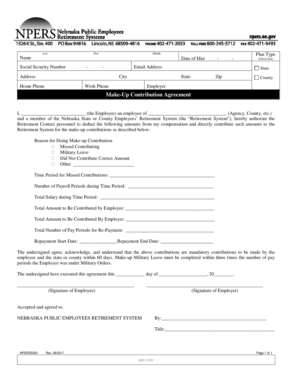 Form NPERS5350 Make-Up Contribution Agreement - Nebraska, Page 1
