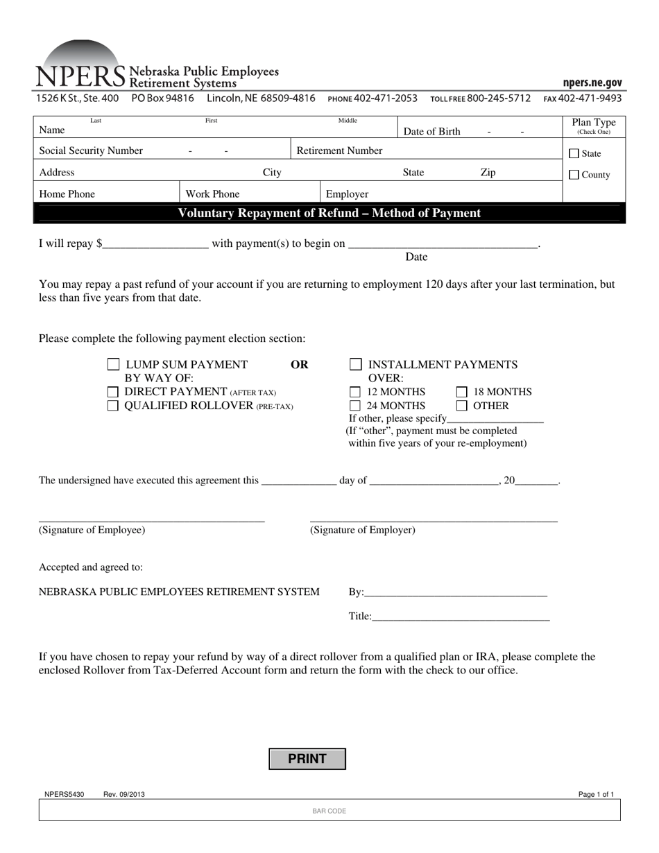 Form NPERS5430 Voluntary Repayment of Refund - Method of Payment - Nebraska, Page 1