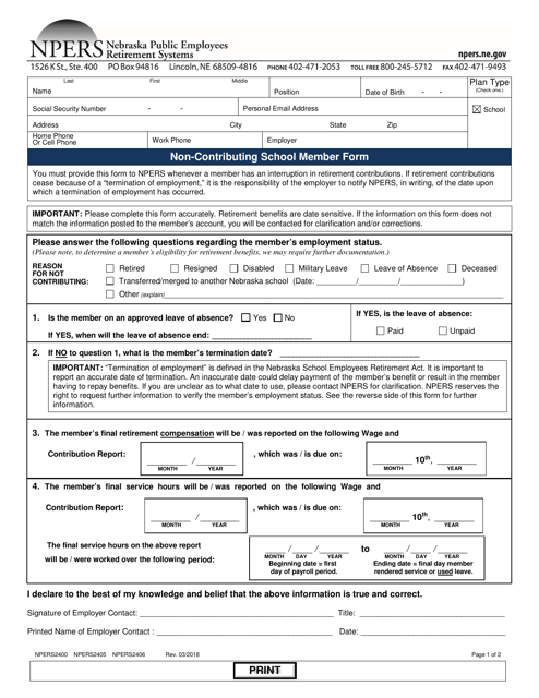 Form NPERS2400 Non-contributing School Member Form - Nebraska