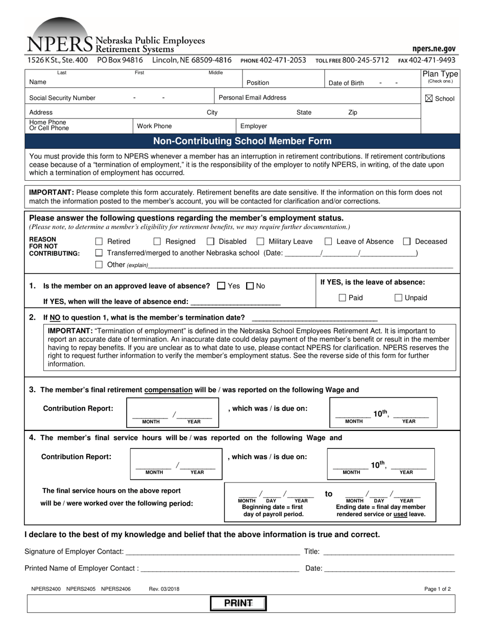 Form NPERS2400 Non-contributing School Member Form - Nebraska, Page 1