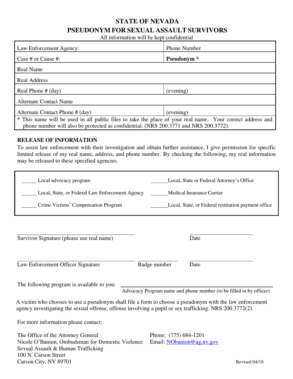 Pseudonym for Sexual Assault Survivors - Nevada, Page 1
