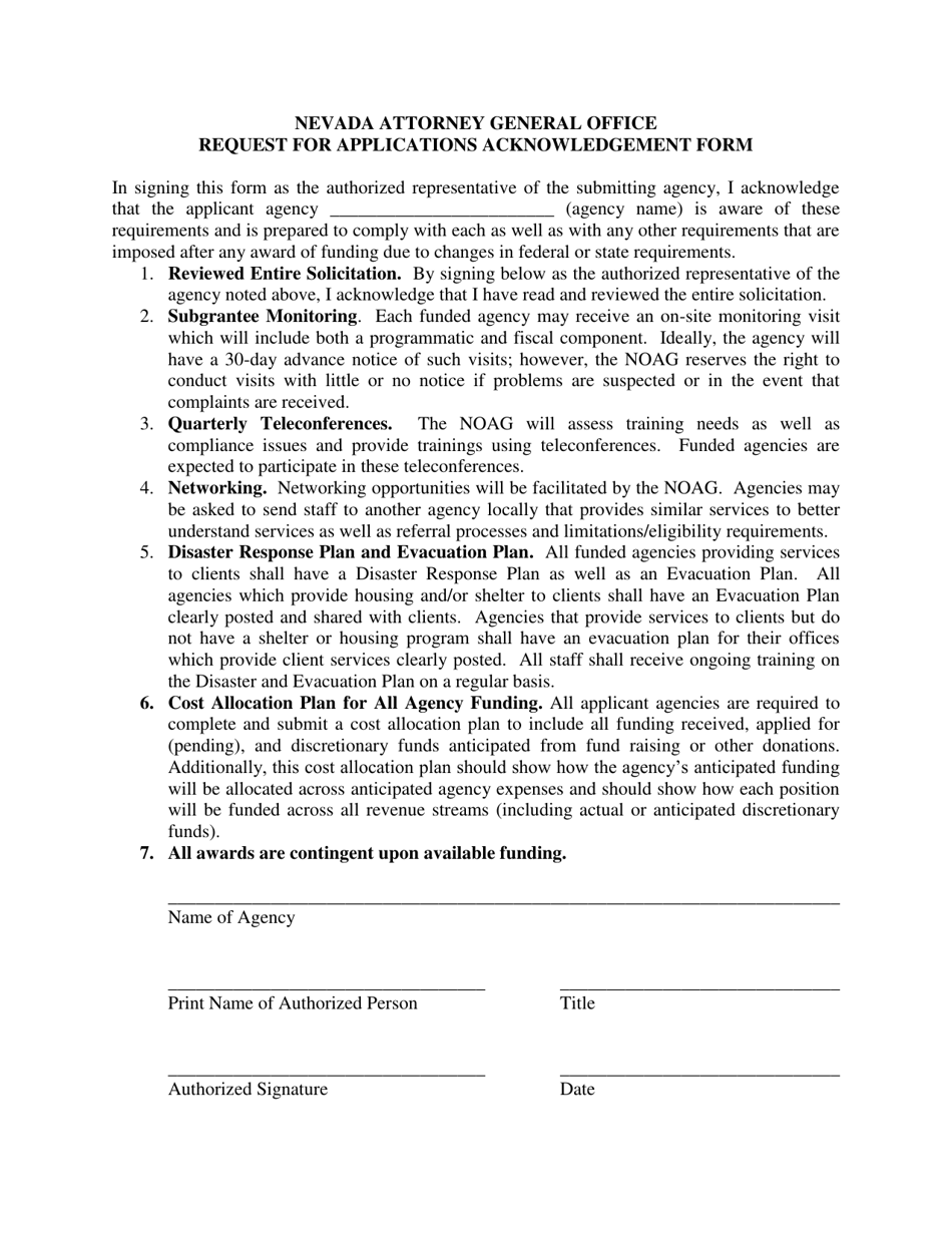 Request for Applications Acknowledgement Form - Nevada, Page 1