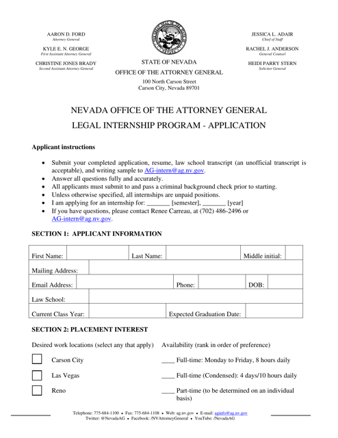 Law School Intern Application Form - Nevada Download Pdf