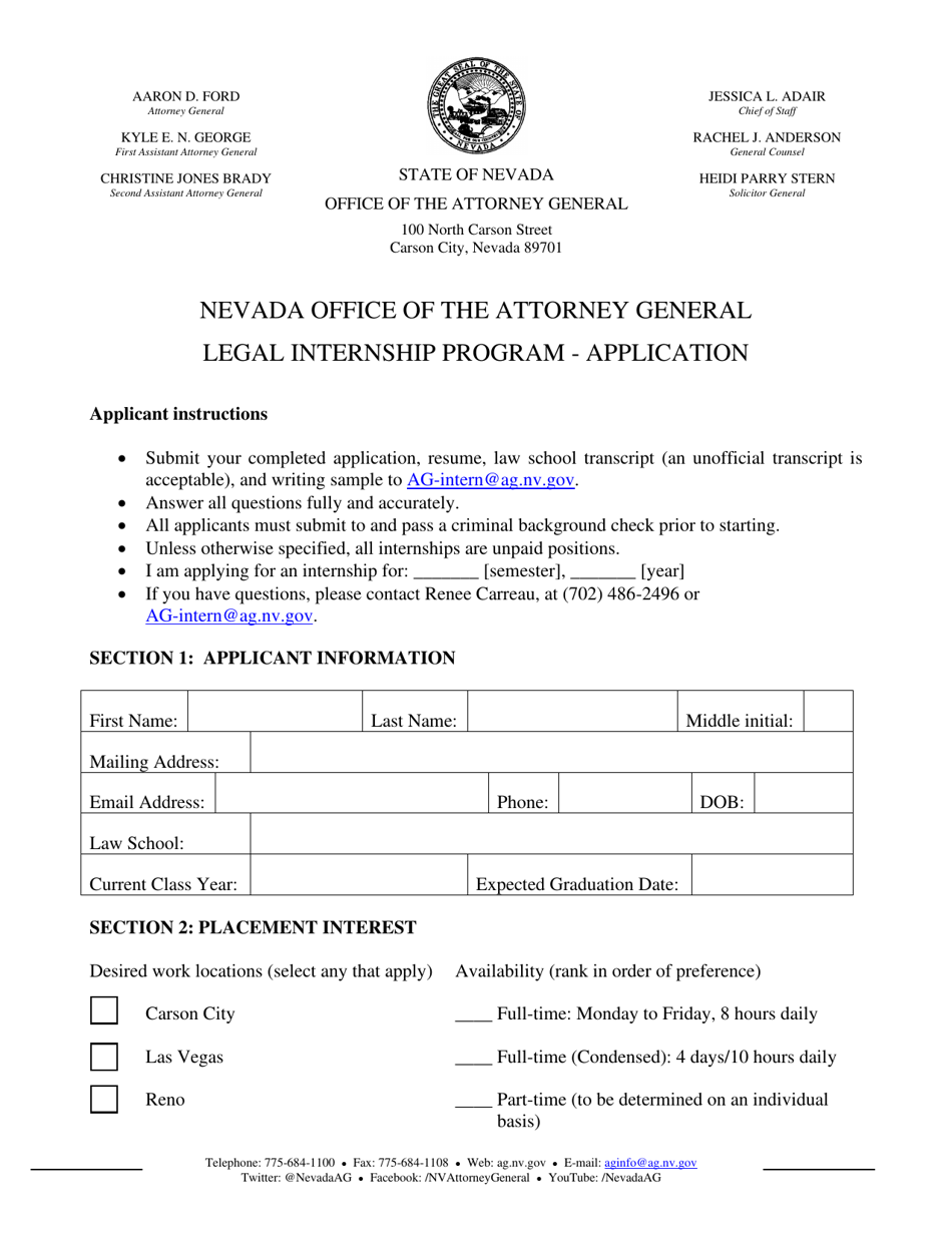 Law School Intern Application Form - Nevada, Page 1