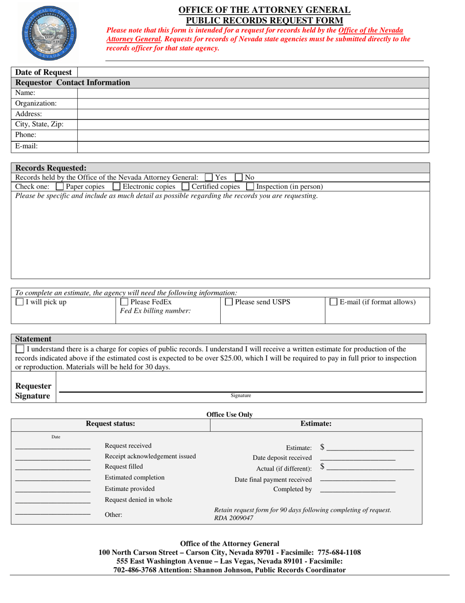 Public Records Request Form - Nevada, Page 1