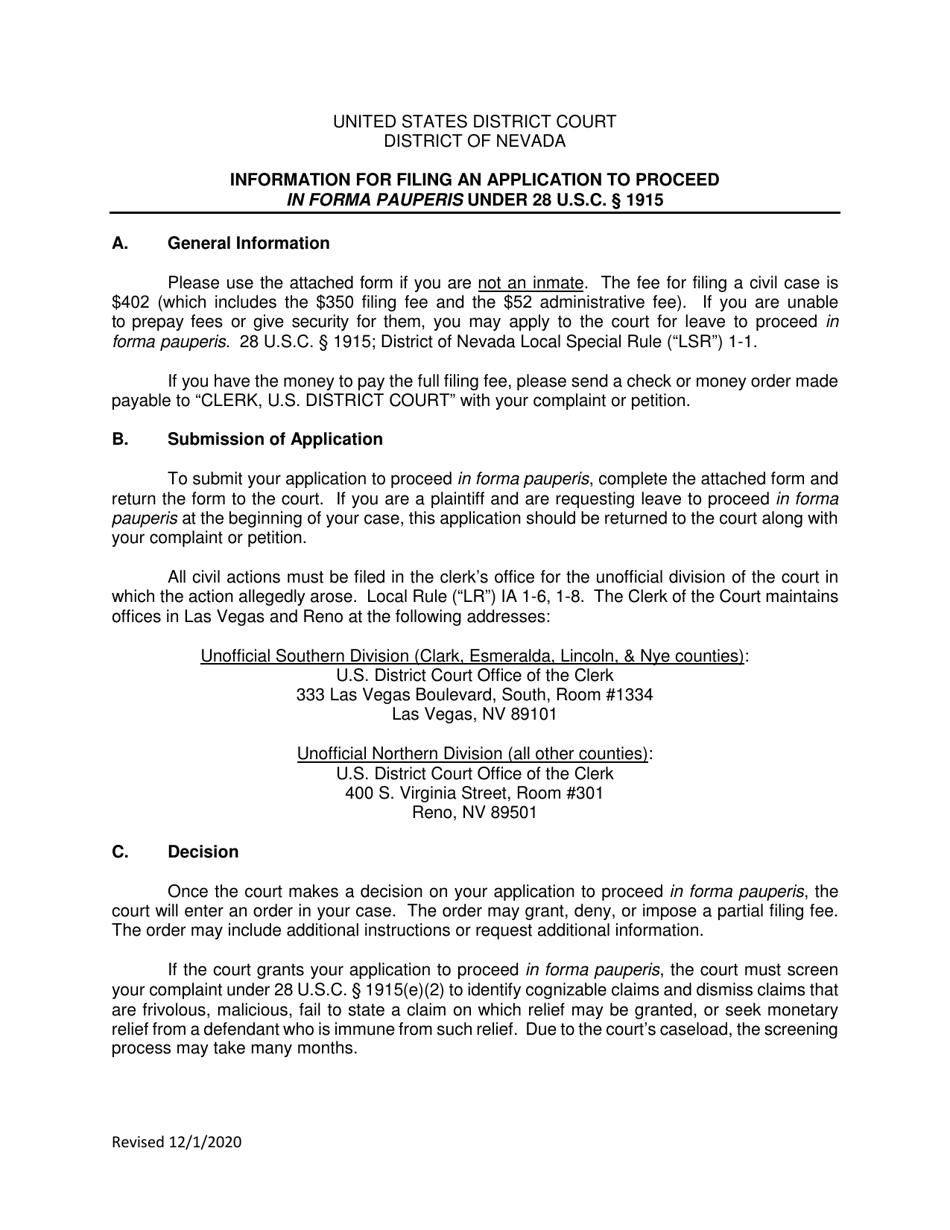 Form AO240 Application to Proceed in District Court Without Prepaying Fees or Costs (Short Form) - Nevada, Page 1