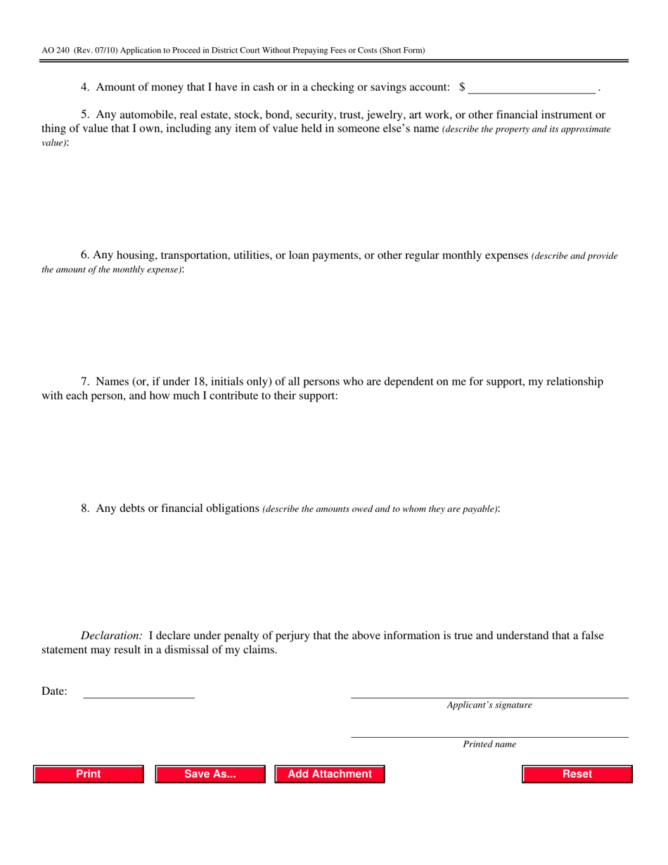 Form AO240 Application to Proceed in District Court Without Prepaying Fees or Costs (Short Form) - Nevada, Page 3