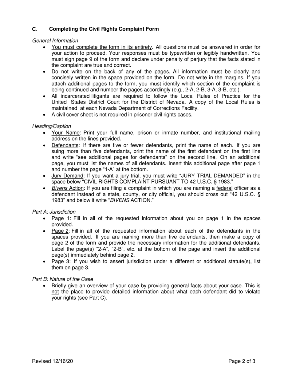 Civil Rights Complaint Pursuant to 42 U.s.c. 1983 - Nevada, Page 2