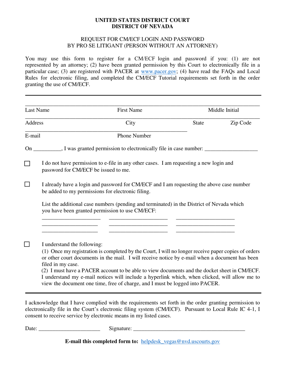 Request for Cm / Ecf Login and Password by Pro Se Litigant (Person Without an Attorney) - Nevada, Page 1