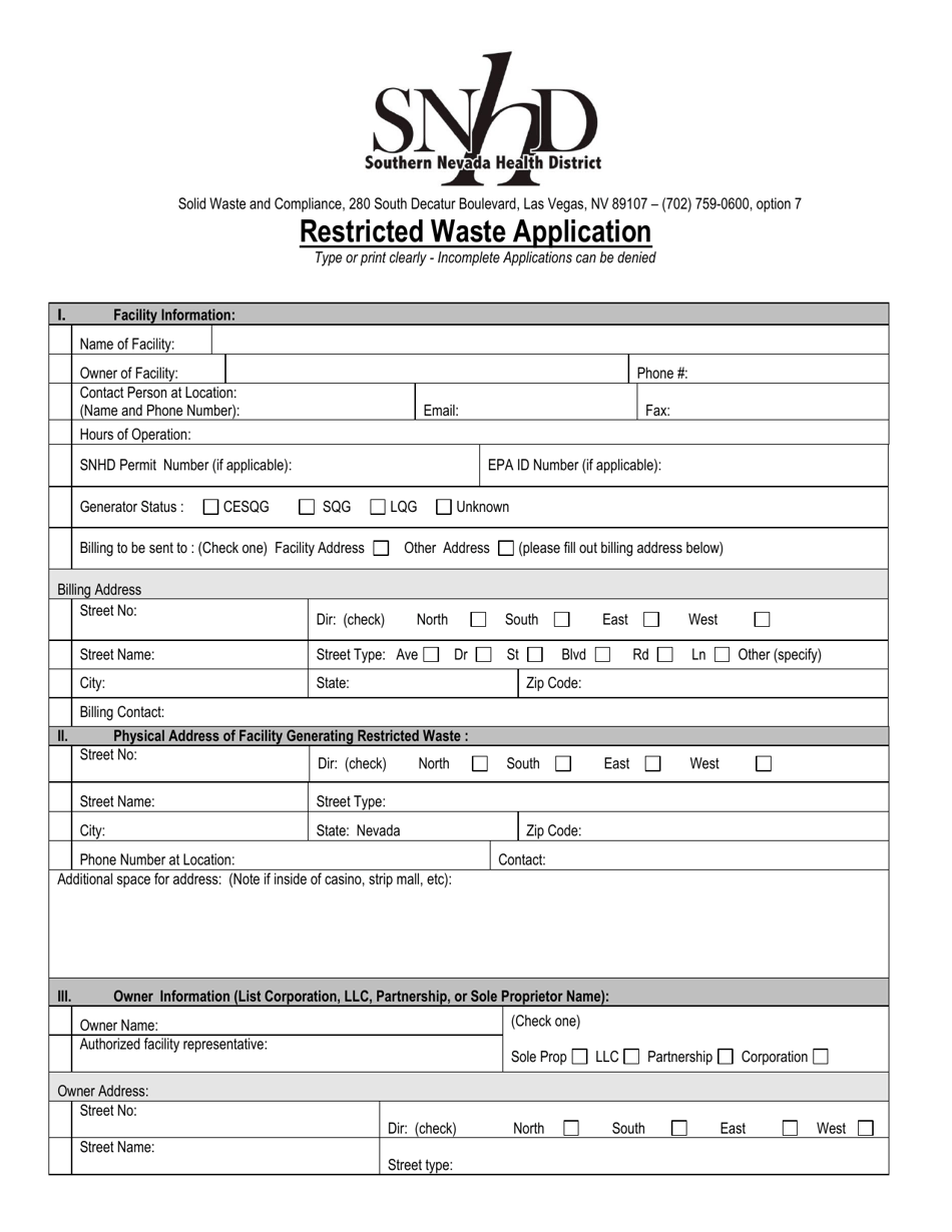 Restricted Waste Application - Nevada, Page 1