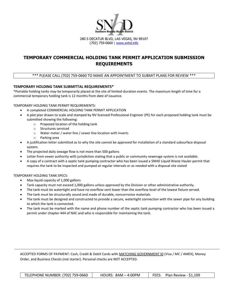 Commercial Holding Tank Permit Application - Nevada, Page 1