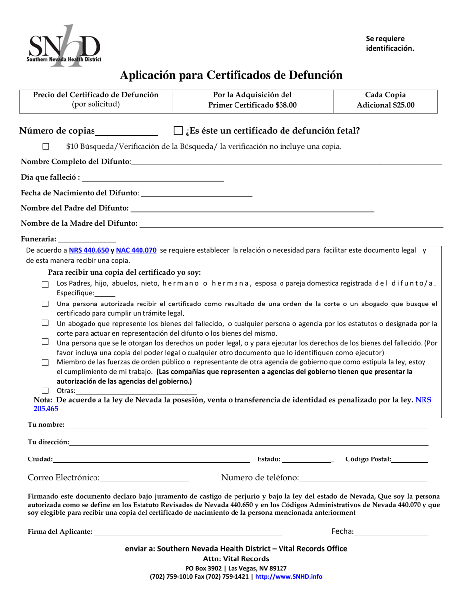 Aplicacion Para Certificados De Defuncion - Nevada (Spanish), Page 1