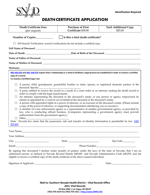 Death Certificate Application - Nevada