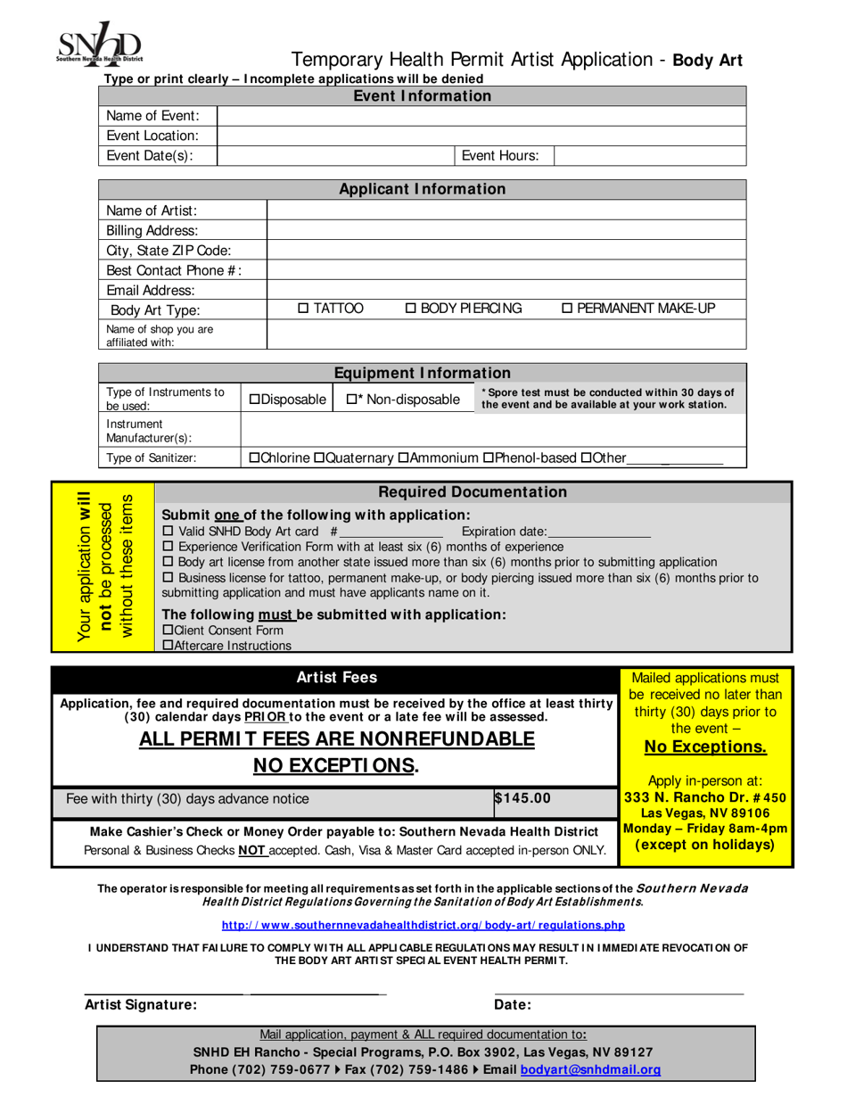 Nevada Temporary Health Permit Artist Application Body Art Fill Out