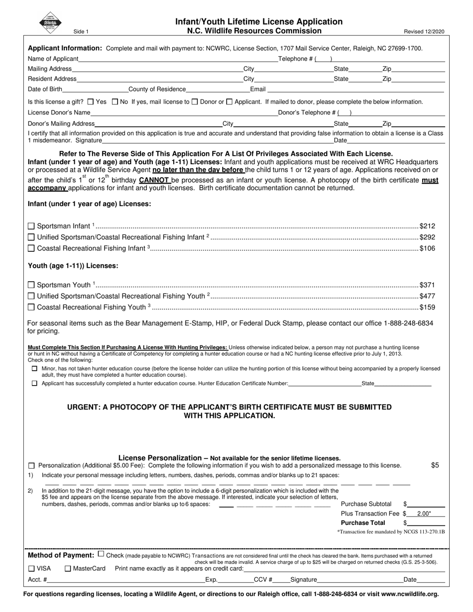 Infant / Youth Lifetime License Application - North Carolina, Page 1