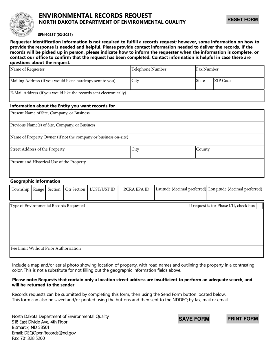 Form SFN60237 Environmental Records Request - North Dakota, Page 1