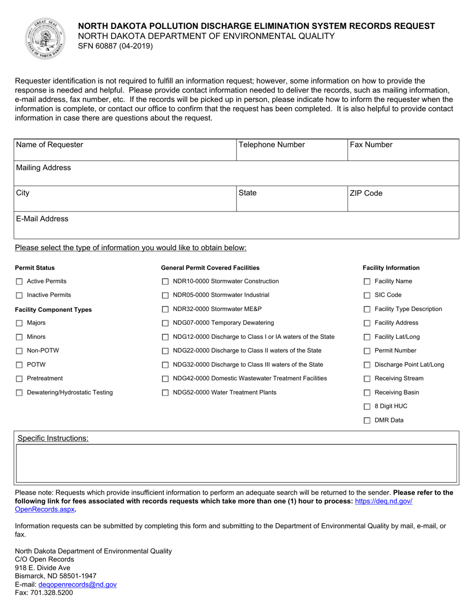 Form SFN60887 North Dakota Pollution Discharge Elimination System Records Request - North Dakota, Page 1